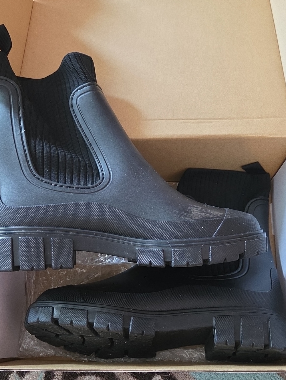 LAST CHANCE Womens Black Chelsea Rain Boots with Lug Sole